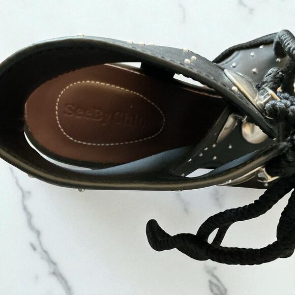 See by Chloé Black Leather Gladiator Sandals Lace Up Size 9 / IT 39 - Picture 7 of 13